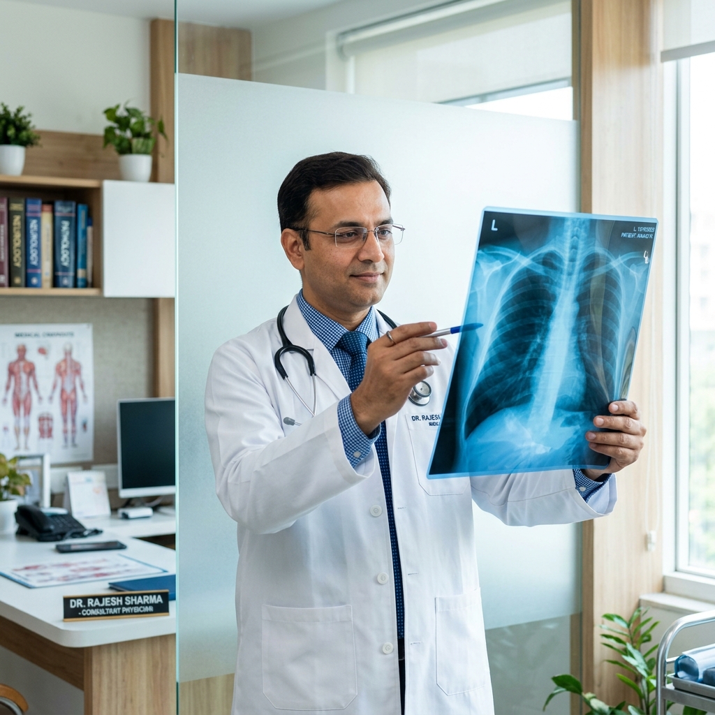Indian doctor examining printed blue X-ray film from AjosMedi Print