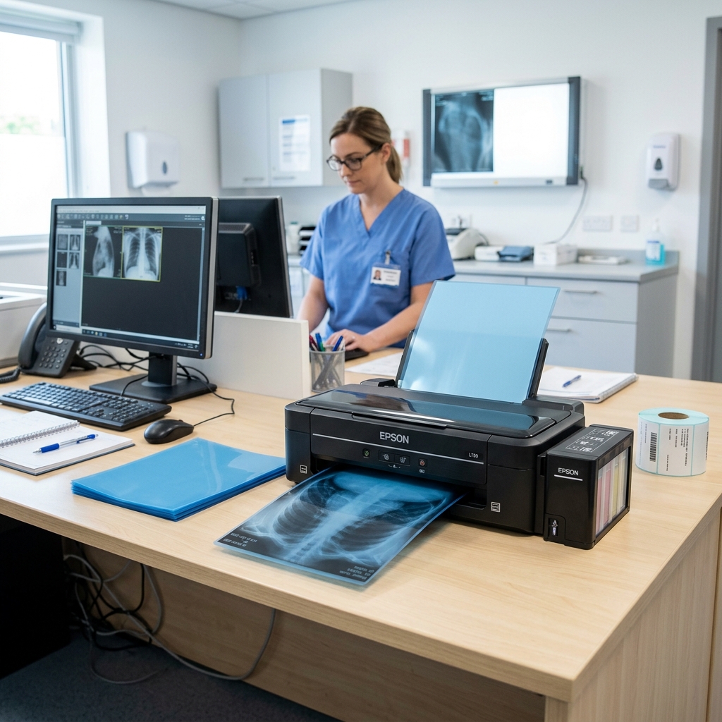 Epson L130 printer outputting blue medical X-ray film in diagnostic center